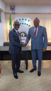 R-L: Dr Femi Eguakhide, deputy managing director, R.T. Briscoe (Nigeria) Plc and newly elected Chairman , Auto & Allied Subsectoral Group of Lagos Chamber of Commerce & Industry (LCCI) and Otunba Adekunke Jaiyesimi, deputy managing director, CFAO Mobility and immediate past Chairman after the election in Lagos on Thursday, August 07, 2025.